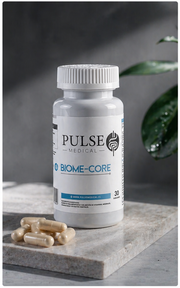 BIOME-CORE de Pulse Medical, envase de cápsulas de soporte nutricional sobre fondo claro