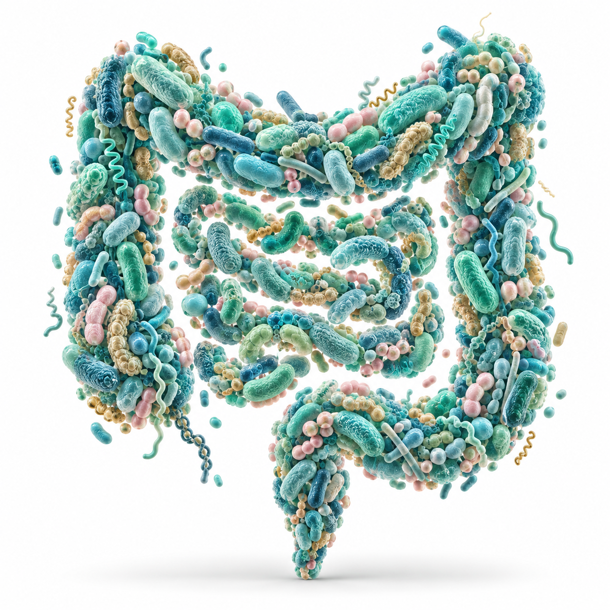 Ilustración conceptual de microorganismos con formas y tamaños variados que componen la silueta de un intestino